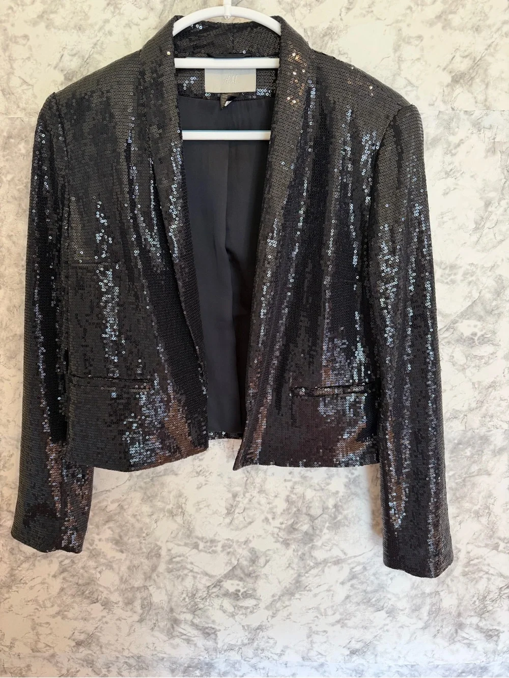 H&M Women's Navy Sequin Open-Front Blazer